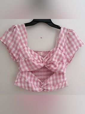 Altar'd State Pink Gingham Twist-Front Crop Top